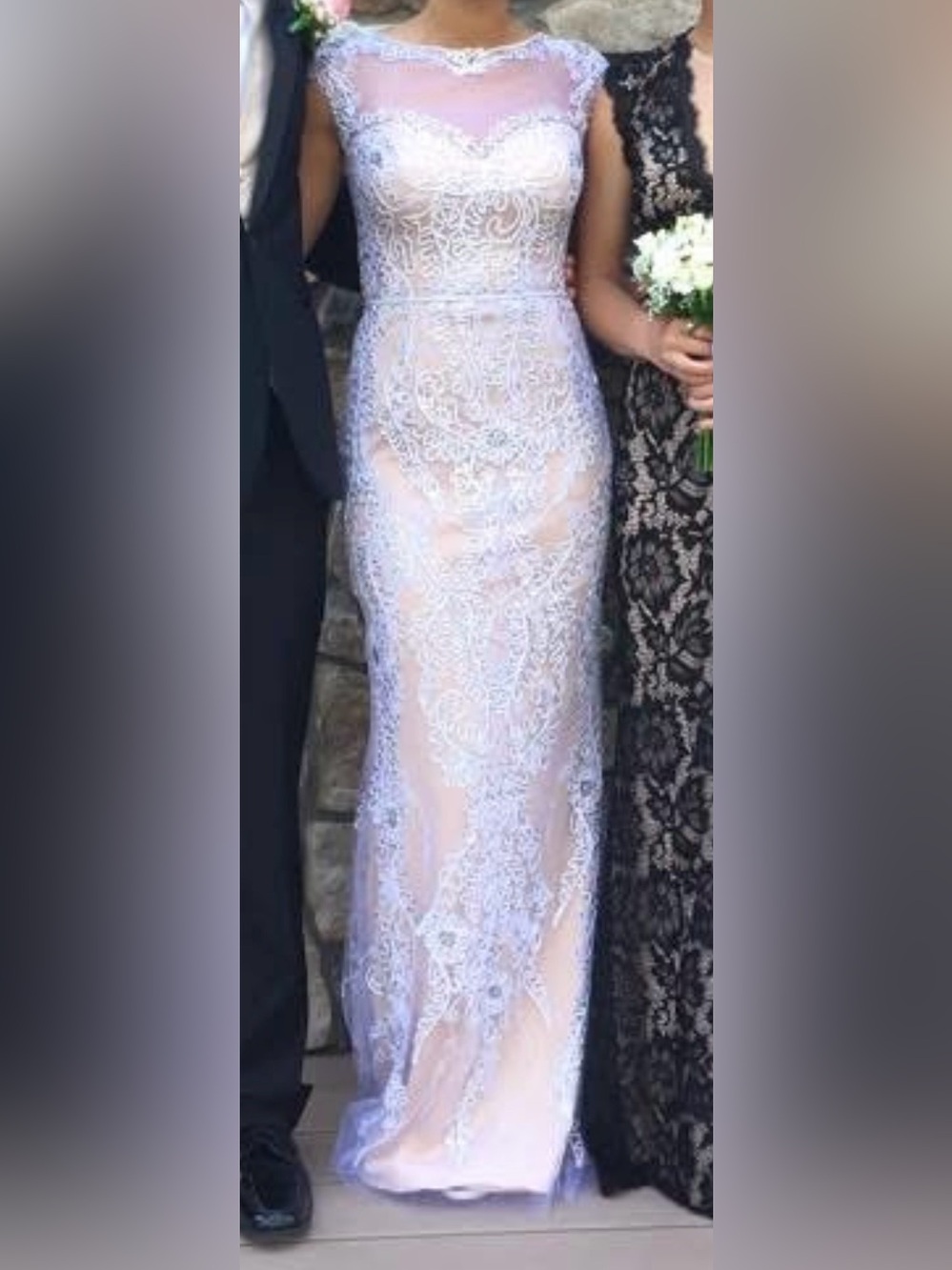 Tan and White Lace Prom Gown